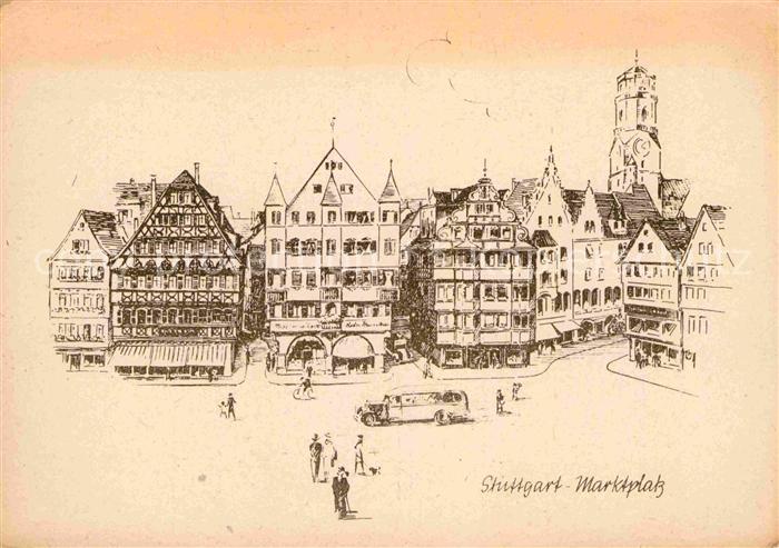 STUTTGART  CITY Marktplatz Zeichnung Kuenstlerkarte