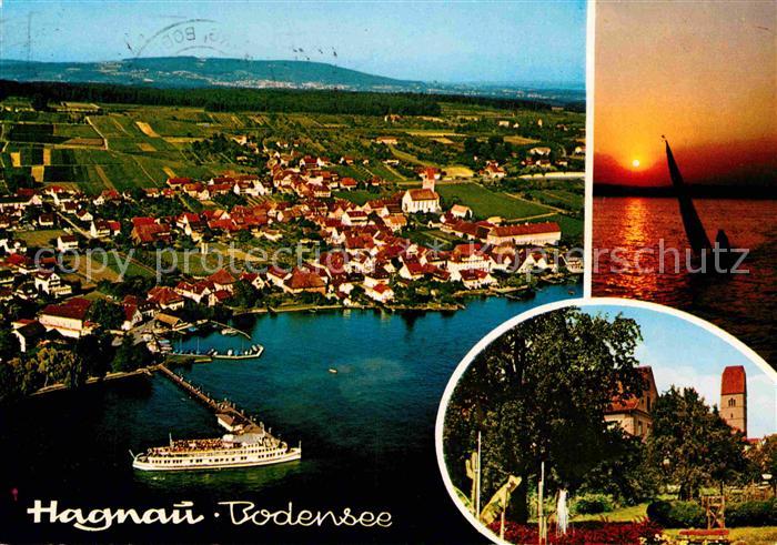Hagnau Bodensee Bootsanleger Fliegeraufnahme Blick zur Kirche Sonnenuntergang