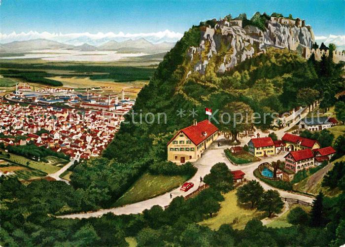 Singen Hohentwiel mit Bodensee und Alpen Kuenstlerkarte