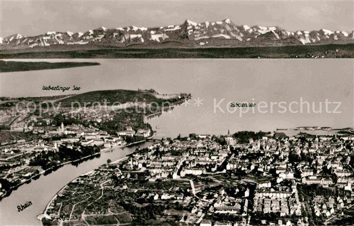 Konstanz Bodensee Fliegeraufnahme mit Rhein und Alpen