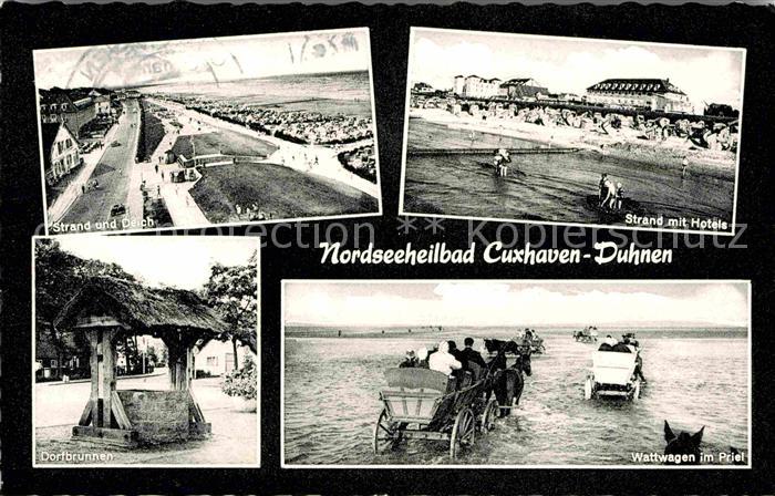 Cuxhaven Nordseebad Strand mit Hotels Wattwagen im Priel Strand Deich