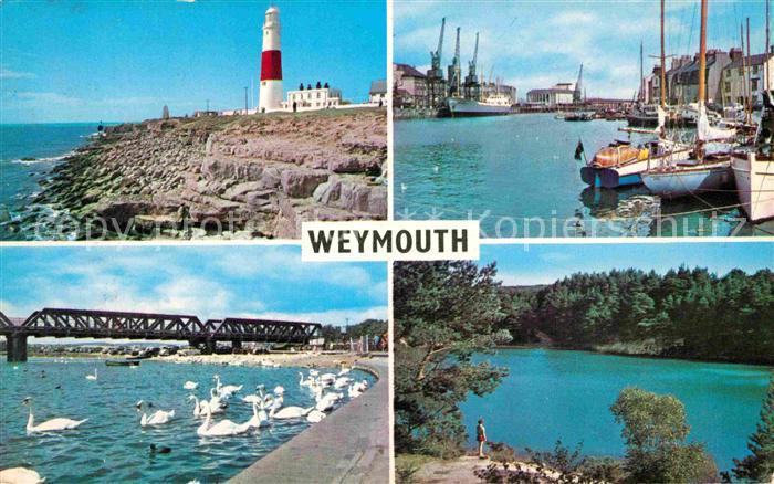 Weymouth Dorset Leuchtturm Hafen Segelschiffe Bruecke Uferpromenade Schwaene