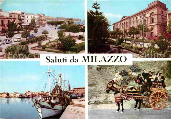 Milazzo Teilansichten Gebaeude Hafen Fischkutter Geschmueckter Pferdewagen
