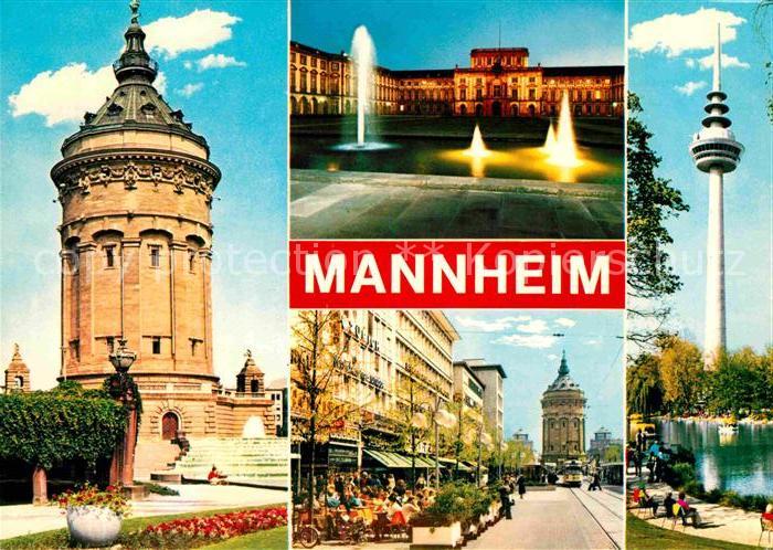 MANNHEIM BW Wasserturm Kurfuerstliches Schloss Wasserspiele Fussgaengerzone Fern