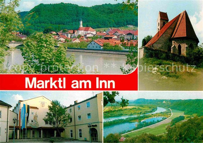 Marktl Inn Panorama Blick ueber den Fluss Kirche Gebaeude