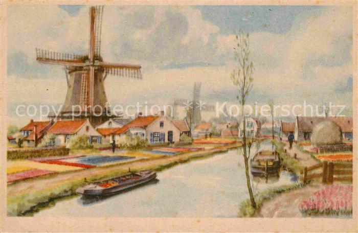 Niederlande Windmuehle und Wohnhaeuser Kuenstlerkarte