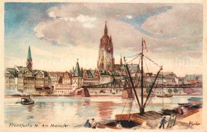 Frankfurt Main Mainufer mit Dom und Bruecke Kuenstlerkarte