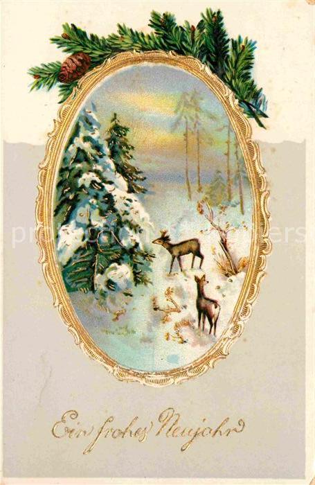 Neujahr Rehe Tannenzapfen Litho