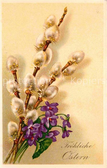 Ostern Easter Paques Weidenkaetzchen Veilchen Litho