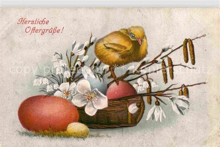 Ostern Easter Paques Kueken Weidenkaetzchen Ei Maigloeckchen