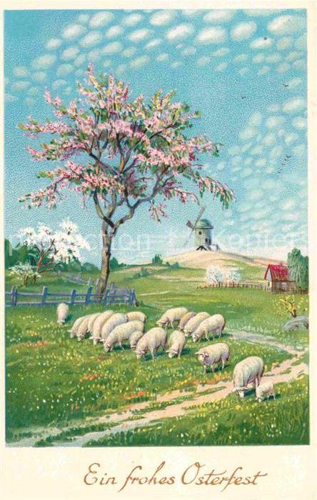 Ostern Easter Paques Schafe Windmuehle Baum Litho