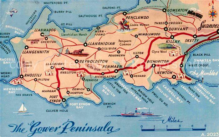 Swansea Gower Peninsula Map Valentines Postcard Landkarte