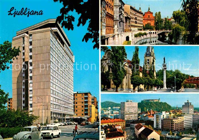 Ljubljana Hochhaus Partie am Fluss Denkmal Blick zur Burg