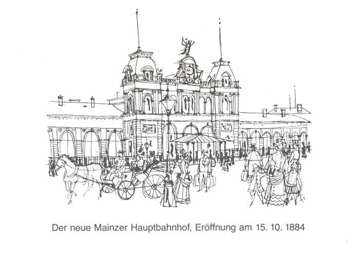 Mainz Rhein Hauptbahnhof Zeichnung zur Eroeffnung am 15.10.1884
