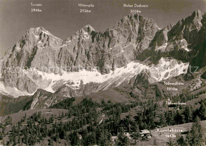 Dachsteinsuedwandhuette mit Tuerlwandhuette und Austriahuette Torstein und Mitte