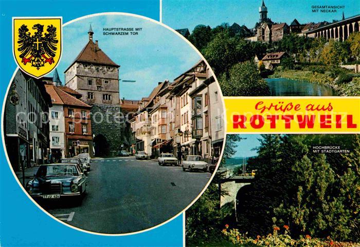 Rottweil Neckar Hauptstr mit Schwarzem Tor Neckerpartie Hochbruecke Stadtgarten