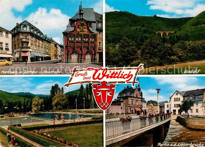 Wittlich Marktplatz mit Rathaus und Neustrasse Viadukt Schwimmbad Lieserbruecke