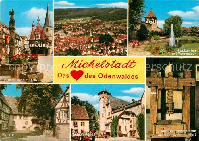 Michelstadt Rathaus Panorama Stadtgarten mit Wehrmauer Kellerei Schloss Fuersten