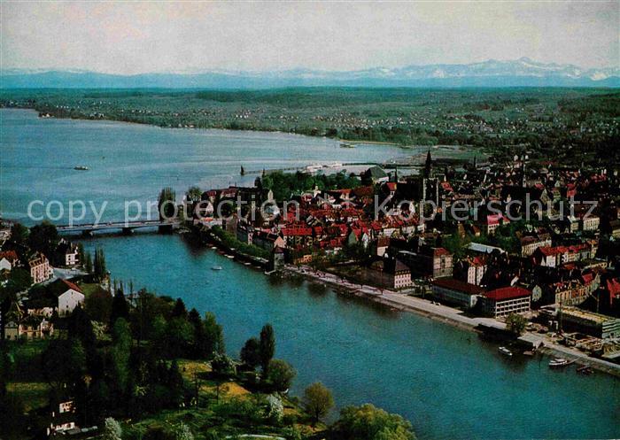 Konstanz Bodensee Fliegeraufnahme Rheinausfluss mit Alpen