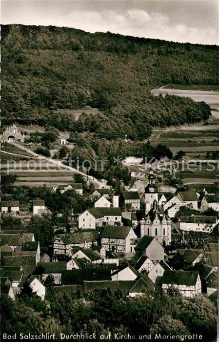 Bad Salzschlirf Durchblick auf Kirche und Mariengrotte