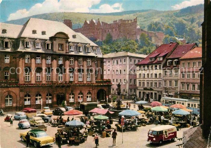 Heidelberg Neckar Marktplatz mit Rathaus und Schloss