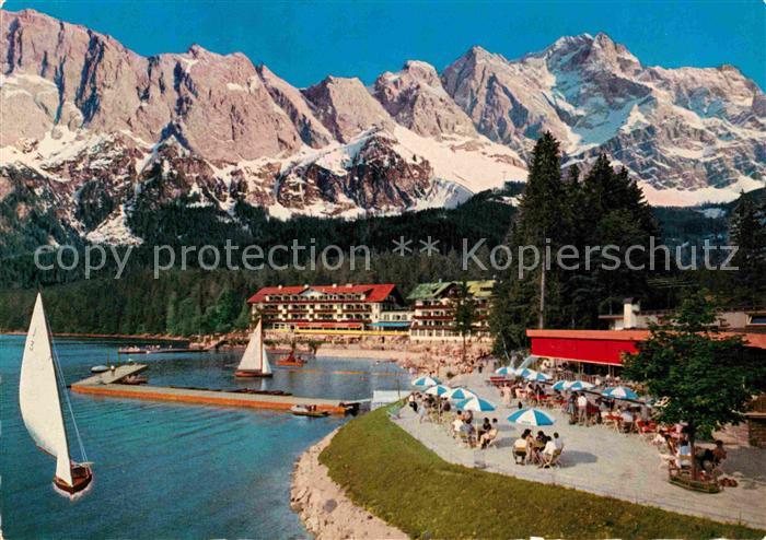 Eibsee Pavillon und Eibseehotel gegen Grossen Waxenstein Riffelwand Zugspitze We