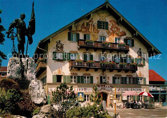Kochel See 600 Jahre Gasthof zur Post Fassenmalerei Bronzestatue Huber Karte Nr