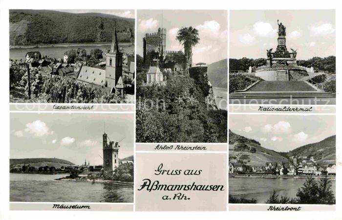 Assmannshausen Gesamtansicht Kirche Maeuseturm Schloss Rheinstein Nationaldenkma