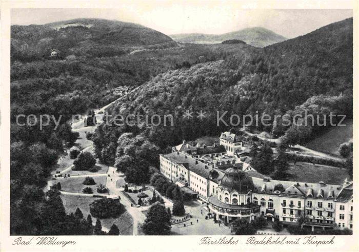 Bad Wildungen Fuerstliches Badehotel mit Kurpark Kupfertiefdruck Gedicht Flieger