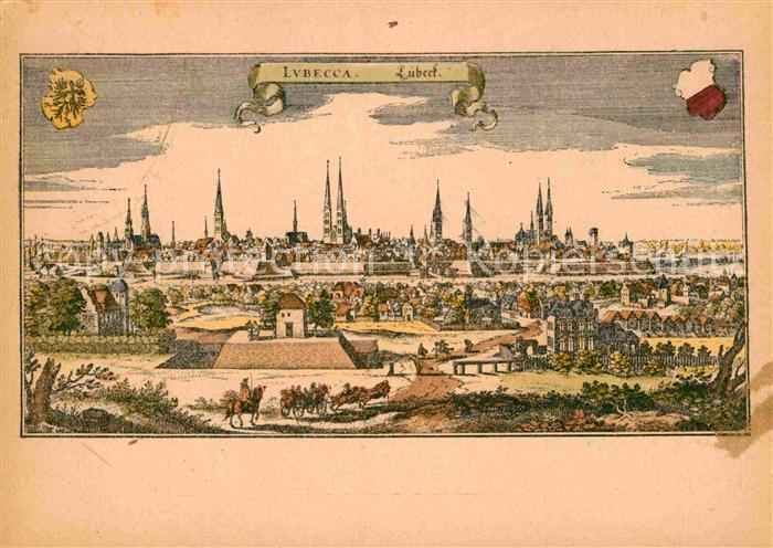LueBECK  CITY Gesamtansicht Stich von M Merian 1653 Kuenstlerkarte
