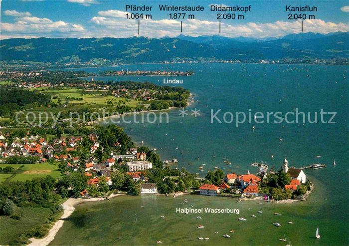 Wasserburg Bodensee Luftkurort mit Lindau Alpenkette Fliegeraufnahme