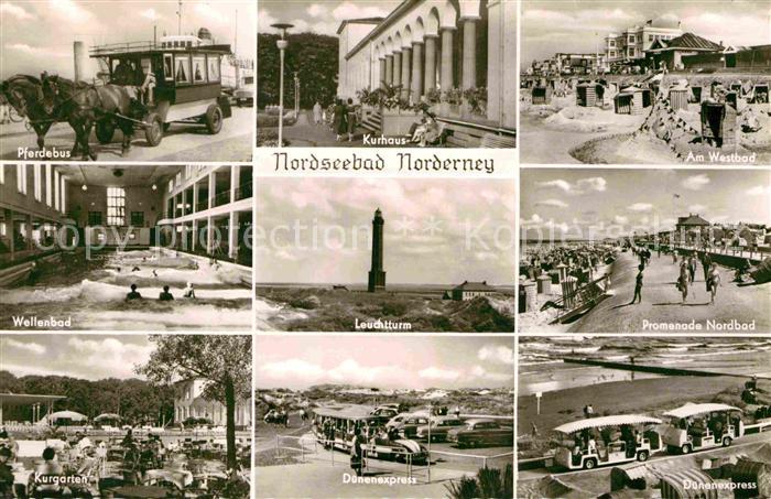 Norderney Nordseebad Pferdebus Wellenbad Kurgarten Leuchtturm Strand