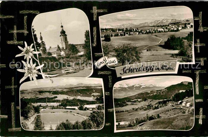 Scheidegg Allgaeu Kirche Gesamtansicht mit Alpenpanorama Edelweiss