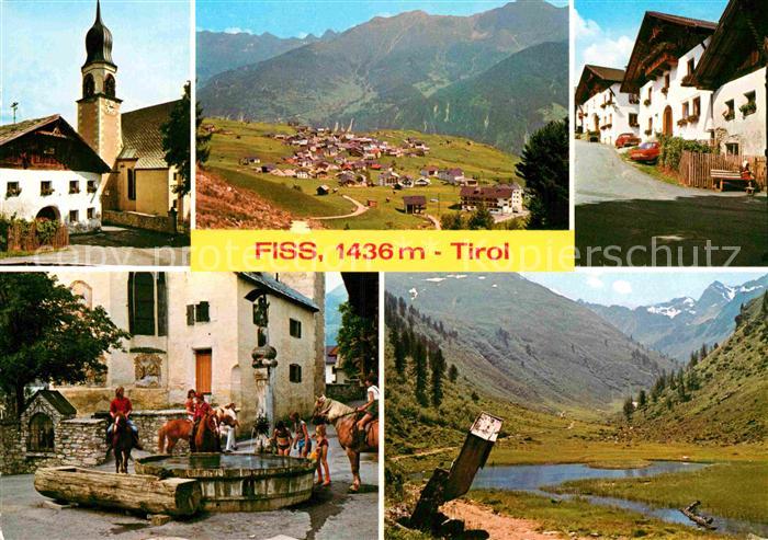 Fiss Tirol Ortspartie bei der Kirche Brunnen Haflinger Reiten Landschaftspanoram