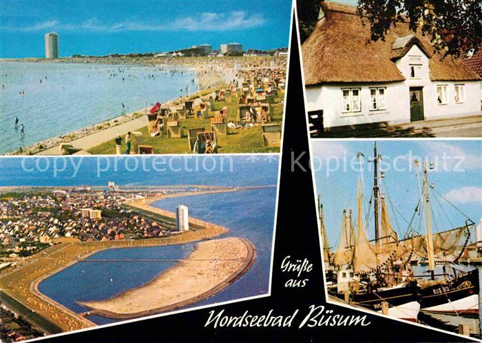 Buesum Nordseebad Strand Hafen Fischkutter Reetdachhaus Fliegeraufnahme