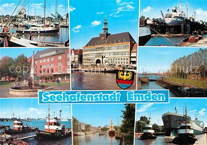 Emden Ostfriesland Teilansichten Seehafenstadt Hafen Schiffe Brunnen Rathaus
