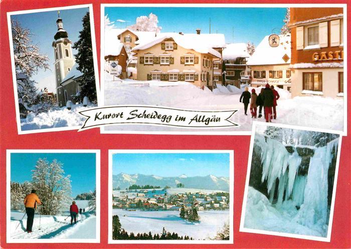 Scheidegg Allgaeu Ortsmotiv mit Kirche Kurort Wintersportplatz Langlaufloipe Eis
