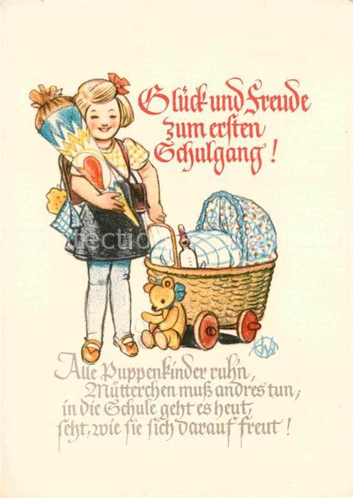 Schule School Ecole Escuela Scuola-- Einschulung Kind Schultuete Puppenwagen Ted