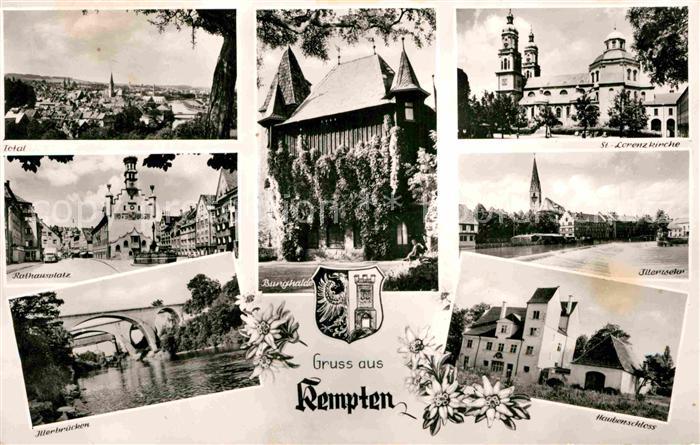 Kempten Allgaeu Rathausplatz Lorenzkirche Illerbruecke Haubenschloss Illerwehr