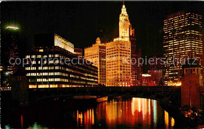 Chicago Illinois Skyline and River at Night