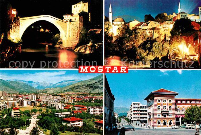 Mostar Moctap Bruecke und Altstadt bei Nacht