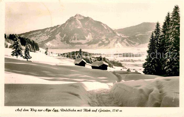 Gruenten Auf dem Weg zur Alpe Egg Rodelbahn Blick auf Gruenten Winterpanorama