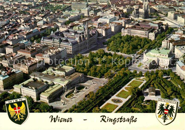 Wien Ringstrasse mit Parlament Rathaus Universitaet Votivkirche Burgtheater Volk