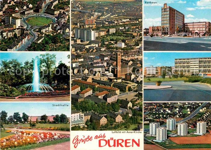 Dueren Rheinland Luftbild mit Anna Kirche Fontaene Stadthalle Rathaus Hochhaeuse