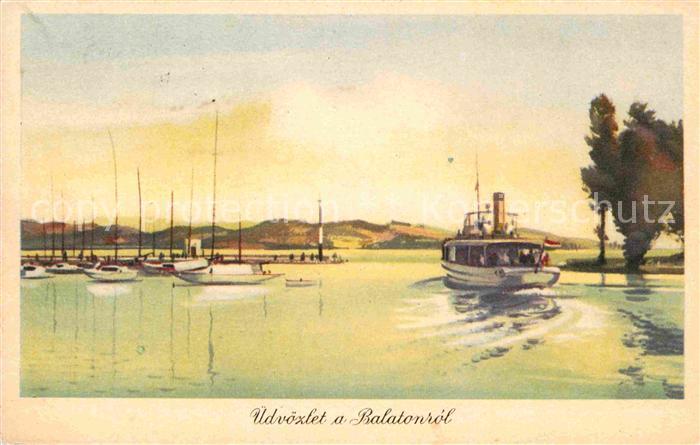 Balaton Plattensee Hafen Dampfer Kuenstlerkarte