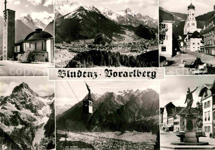 Bludenz Vorarlberg Ortsmotiv mit Kirche Brunnen Statue Bergbahn Alpenpanorama