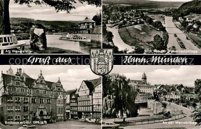 Hann. Muenden Blick von der Weserliedanlage Weserstein Rathaus