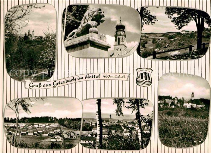 Griesbach Rottal Panorama Blick zur Kirche Loewenskulptur