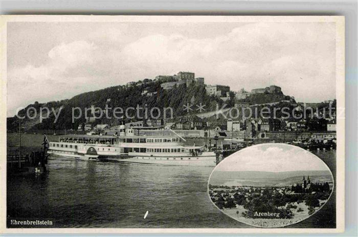 Ehrenbreitstein Blick ueber den Rhein zur Festung Rheindampfer Arenberg