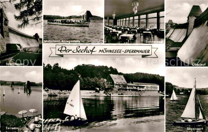 Moehnetalsperre Sperrmauer ueberlauf Segelboote Anlegestelle Terrasse